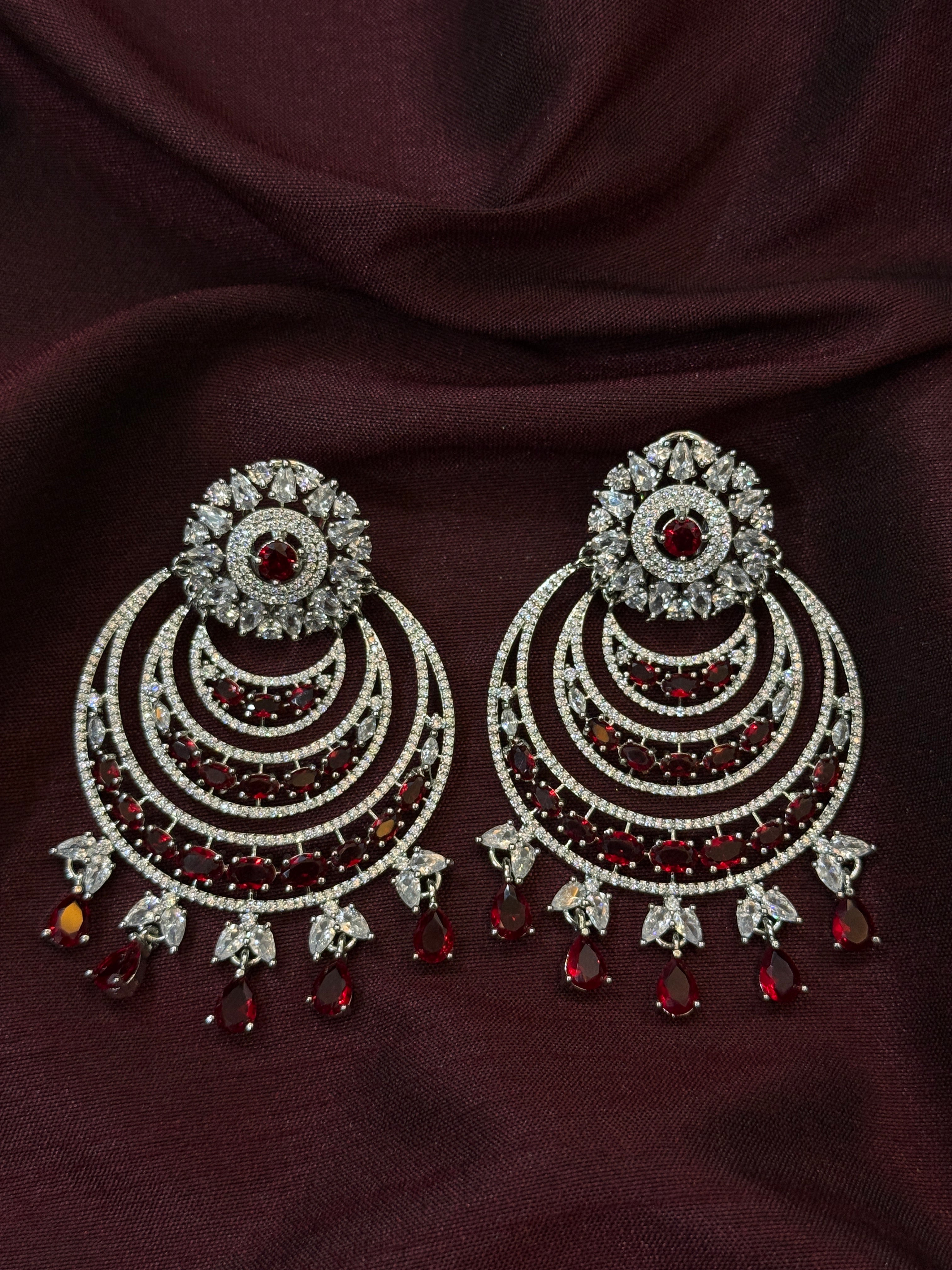 Grand Red & White CZ Stone Chandbali Earrings
